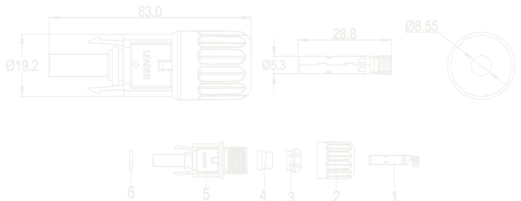 Plano técnico oficial del conector BN101A-F: 63,0 mm de largo, Ø19,2 mm y despiece de 6 componentes